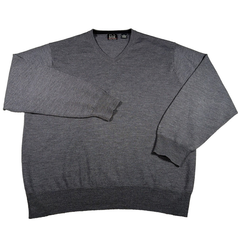 Jos A Bank Signature‎ Collection Mens V Neck Merino Wool Sweater XL Gray Preppy